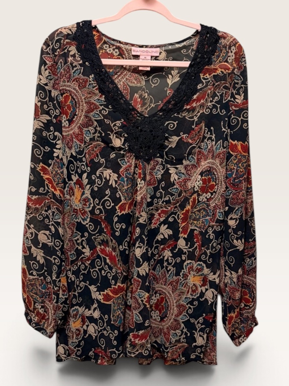 Bandolino Floral Paisley Blouse Size 16 Black Crochet Trim Boho